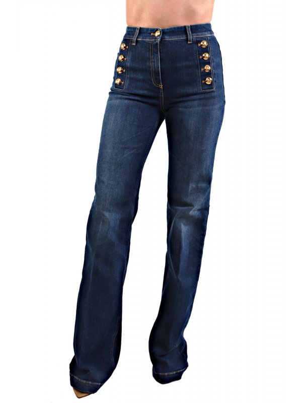 ELISABETTA FRANCHI ΠΑΝΤΕΛΟΝΙ JEANS FLARE ΨΗΛΟΜΕΣΟ ΚΟΥΜΠΙΑ ΧΡΥΣΑ ΤΣΕΠΕΣ ΜΠΛΕ