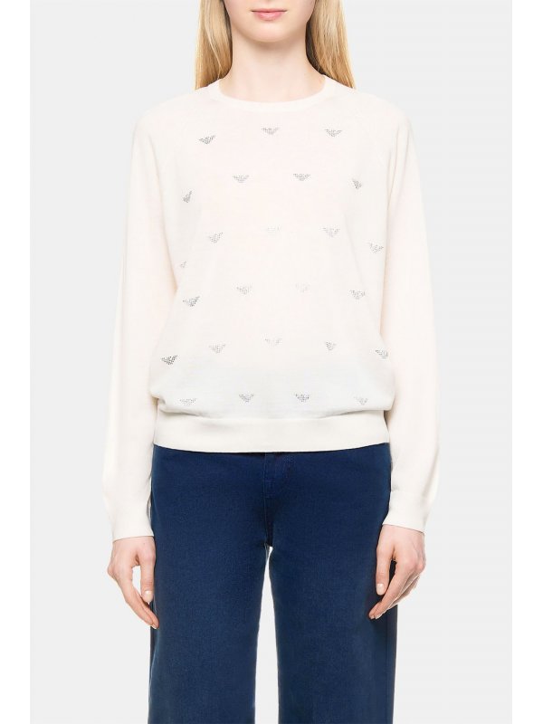 EMPORIO ARMANI ΜΠΛΟΥΖΑ ΛΑΙΜΟΚΟΨΗ LOGO STRASS ΕΚΡΟΥ