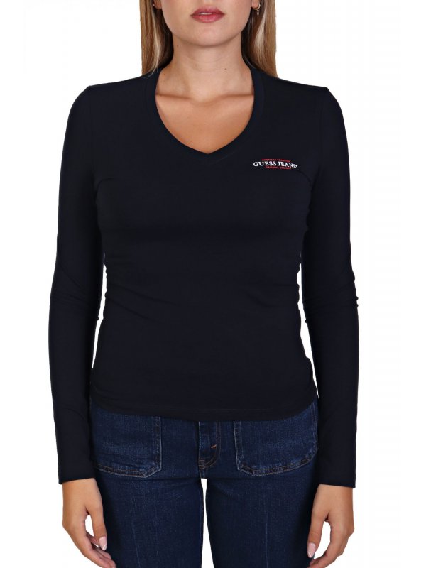 GUESS JEANS ΜΠΛΟΥΖΑ ΛΑΙΜΟΚΟΨΗ V LOGO ΜΠΛΕ ΣΚΟΥΡΟ