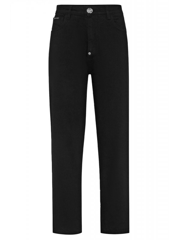 PHILIPP PLEIN ΠΑΝΤΕΛΟΝΙ JEANS MOM FIT HEXAGON LOGO ΜΕΤΑΛΛΙΚΟ ΜΑΥΡΟ