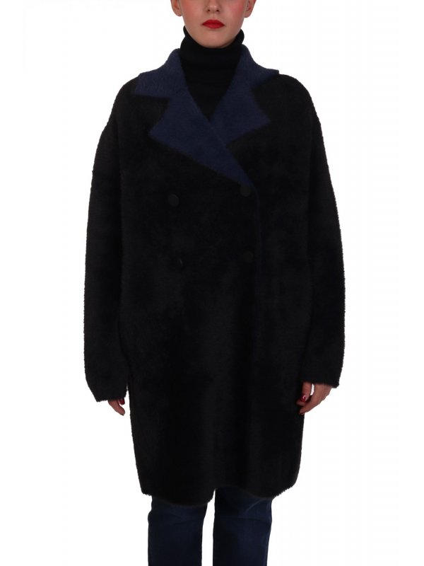 EMPORIO ARMANI ΠΑΛΤΟ ΔΙΠΛΗΣ ΟΨΕΩΣ ΣΤΑΥΡΩΤΟ FAUX FUR ΜΠΛΕ / ΜΑΥΡΟ