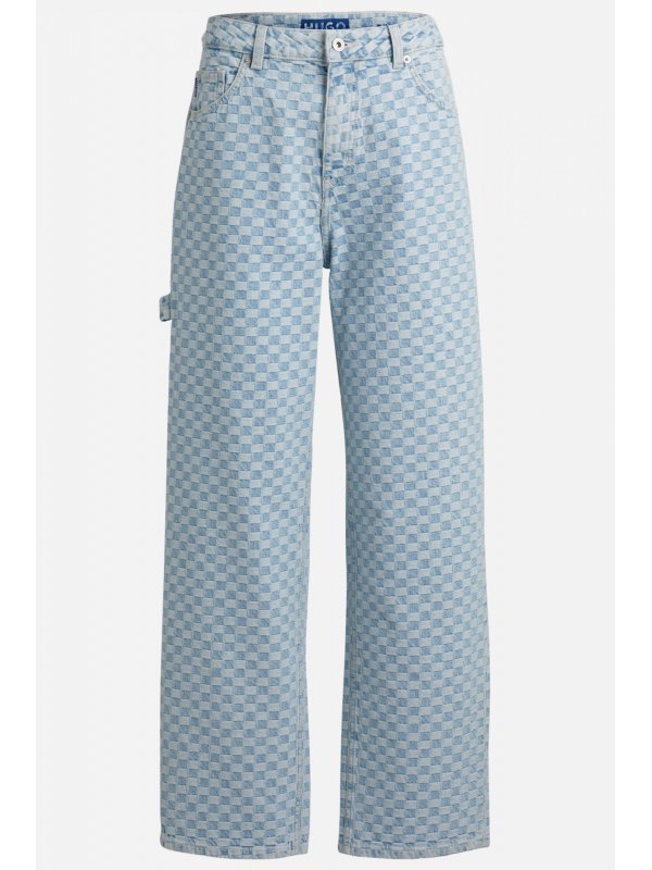 HUGO BLUE ΠΑΝΤΕΛΟΝΙ JEANS GETARA_B WIDE LEG CHECK ΑΝΟΙΧΤΟ ΜΠΛΕ