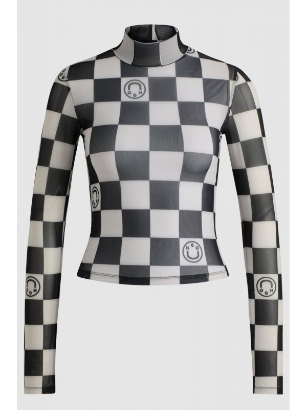 HUGO BLUE ΜΠΛΟΥΖΑ DASORI_B CTHROUGH CHECK ΜΑΥΡΟ / ΛΕΥΚΟ