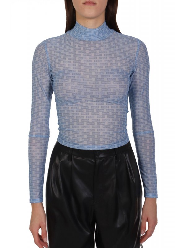 HUGO BLUE ΜΠΛΟΥΖΑ DASORI_B CTHROUGH LOGO ΑΝΟΙΧΤΟ ΜΠΛΕ