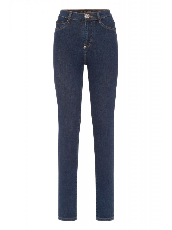 PHILIPP PLEIN ΠΑΝΤΕΛΟΝΙ JEANS HIGH WAIST JEGGING HEXAGON LOGO ΜΕΤΑΛΛΙΚΟ ΣΤΡΑΣ ΜΠΛΕ