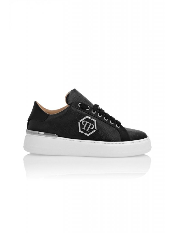 PHILIPP PLEIN SNEAKERS NAPPA LEATHER LO-TOP ALL OVER MONOGRAM LOGO ΜΕΤΑΛΛΙΚΟ ΜΑΥΡΟ