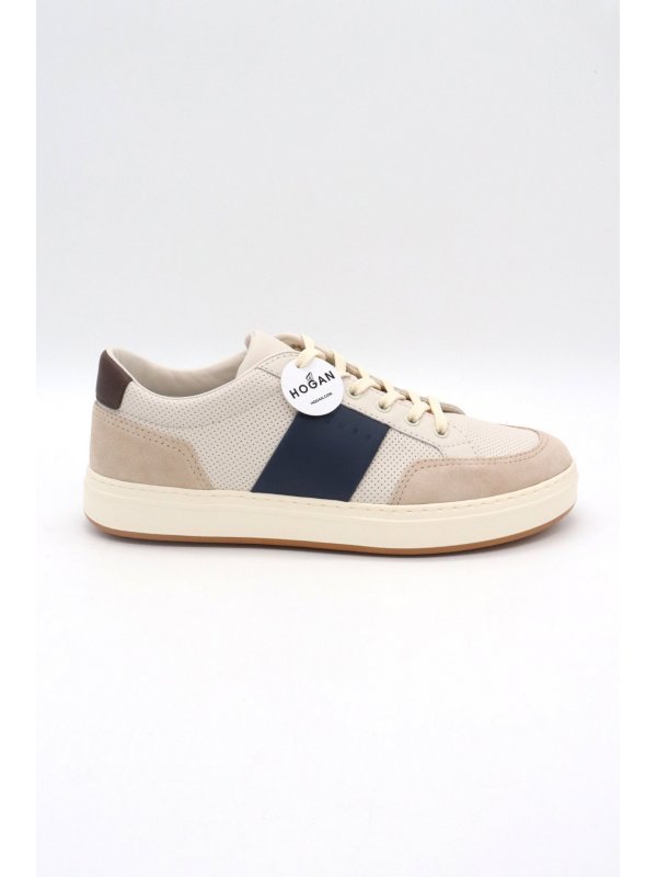 HOGAN ΠΑΠΟΥΤΣΙΑ SNEAKERS ALLACCIATO PUNZ BANDA ΔΕΡΜΑ ΕΚΡΟΥ-ΜΠΛΕ
