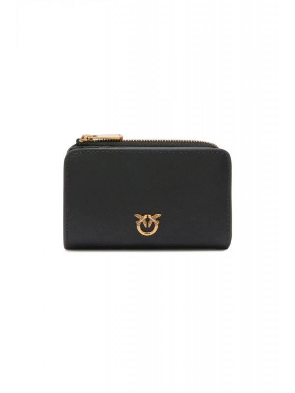 PINKO ΠΟΡΤΟΦΟΛΙ MINI WALLET VITELLO SETA ΜΑΥΡΟ - ANTIQUE GOLD