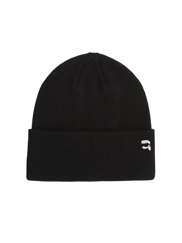 KARL LAGERFELD ΣΚΟΥΦΟΣ IKON PIN BEANIE LOGO ΜΕΤΑΛΛΙΚΟ ΜΑΥΡΟ